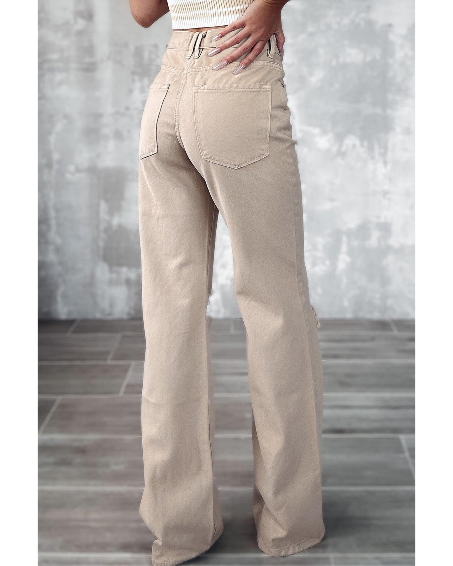 Khaki High Waist Ripped Wide-Leg Jeans