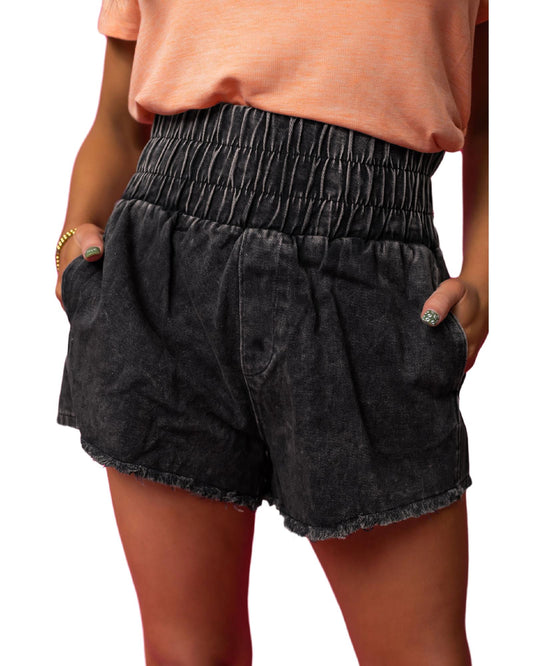 Smocked High Waist Mineral Washed Jean Shorts