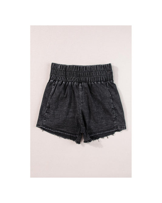 Smocked High Waist Mineral Washed Jean Shorts