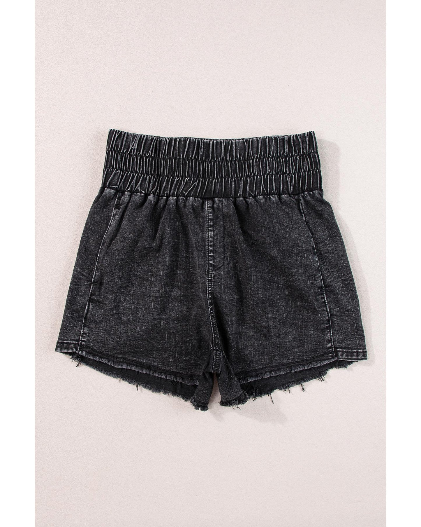 Smocked High Waist Mineral Washed Jean Shorts