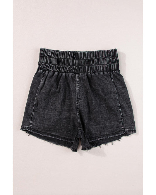 Smocked High Waist Mineral Washed Jean Shorts