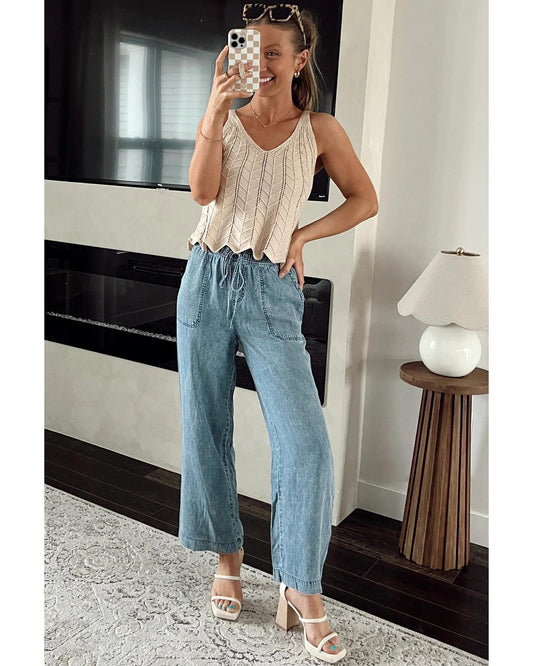 Mineral Wash Drawstring Loose Straight Denim