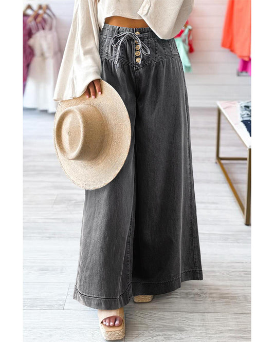 Mineral Wash Button Fly Waist Wide Leg Jeans