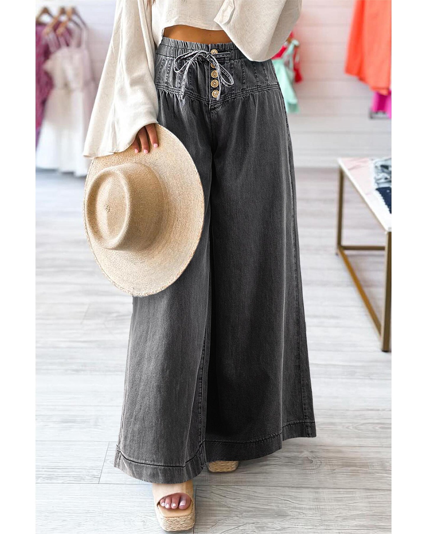 Mineral Wash Button Fly Waist Wide Leg Jeans