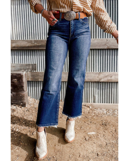 Mineral Wash Raw Hem High Waist Flared Jeans