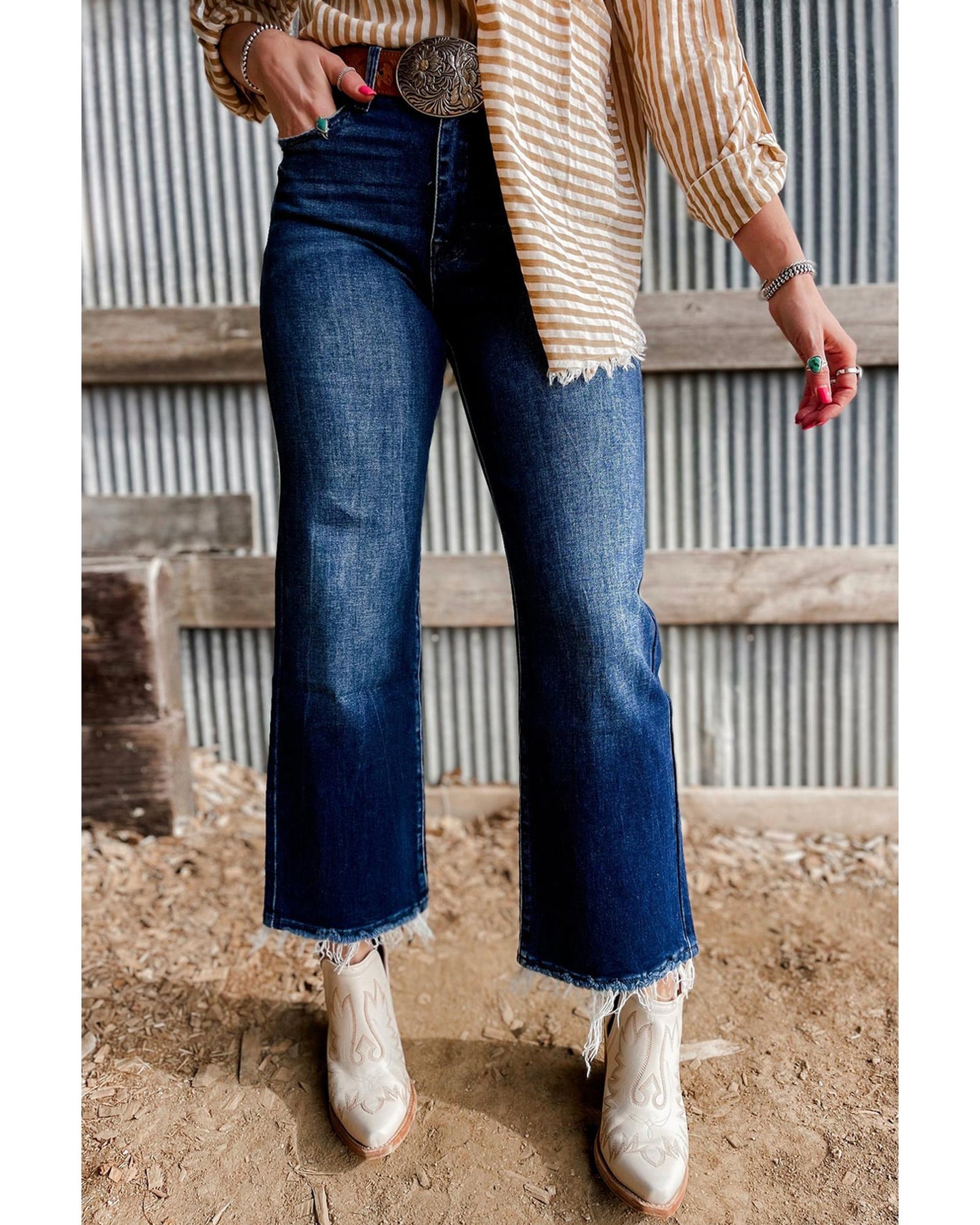 Mineral Wash Raw Hem High Waist Flared Jeans