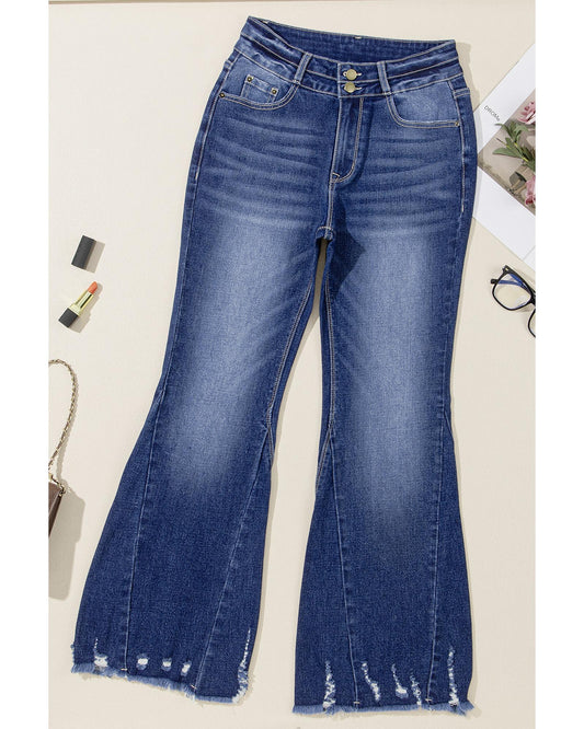 Sail Blue Distressed Raw Hem Flared Jeans
