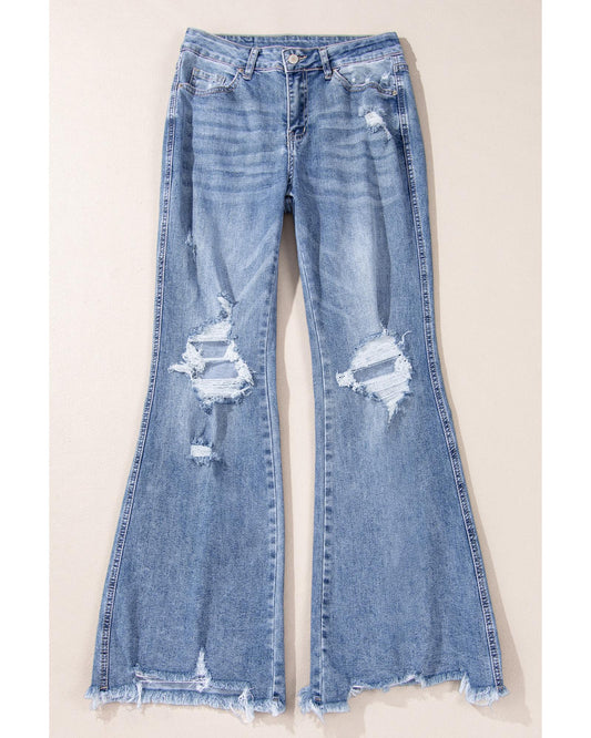 High Rise Ripped Distressed Hem Flared Jeans