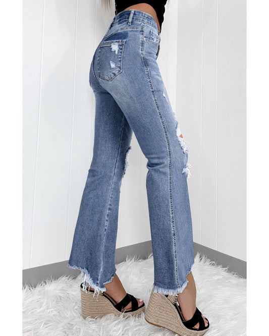 High Rise Ripped Distressed Hem Flared Jeans