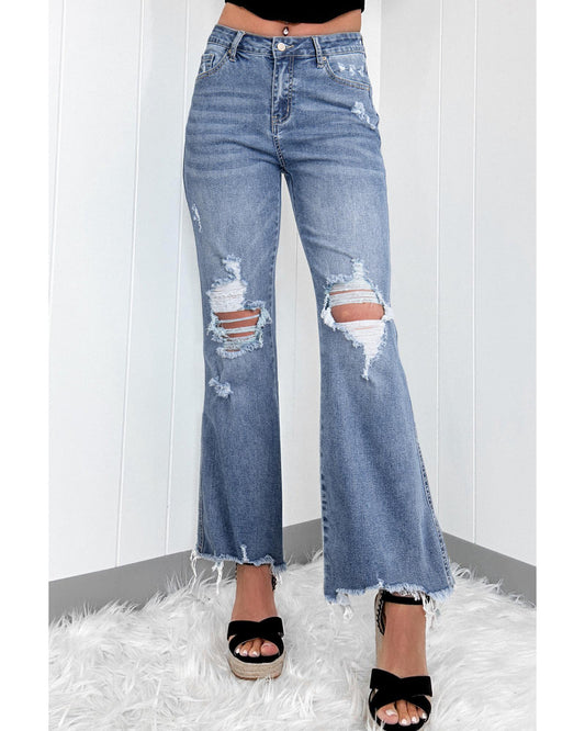 High Rise Ripped Distressed Hem Flared Jeans