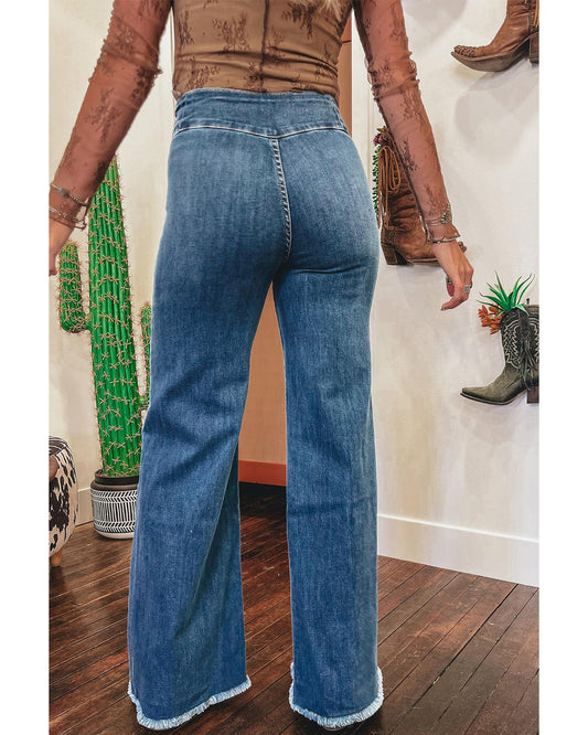 Sail Blue High Waist Button Fly Flare Jeans