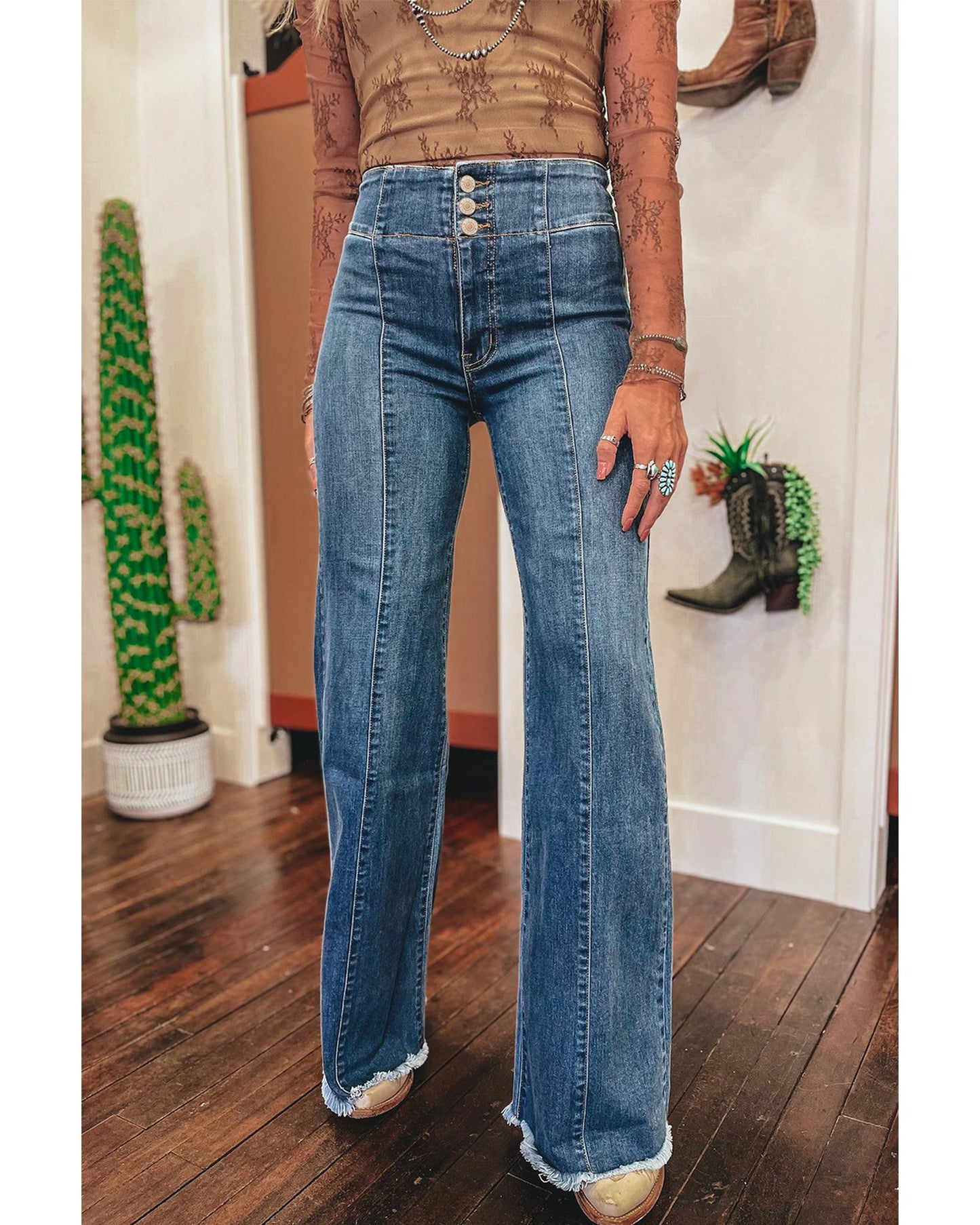 Sail Blue High Waist Button Fly Flare Jeans