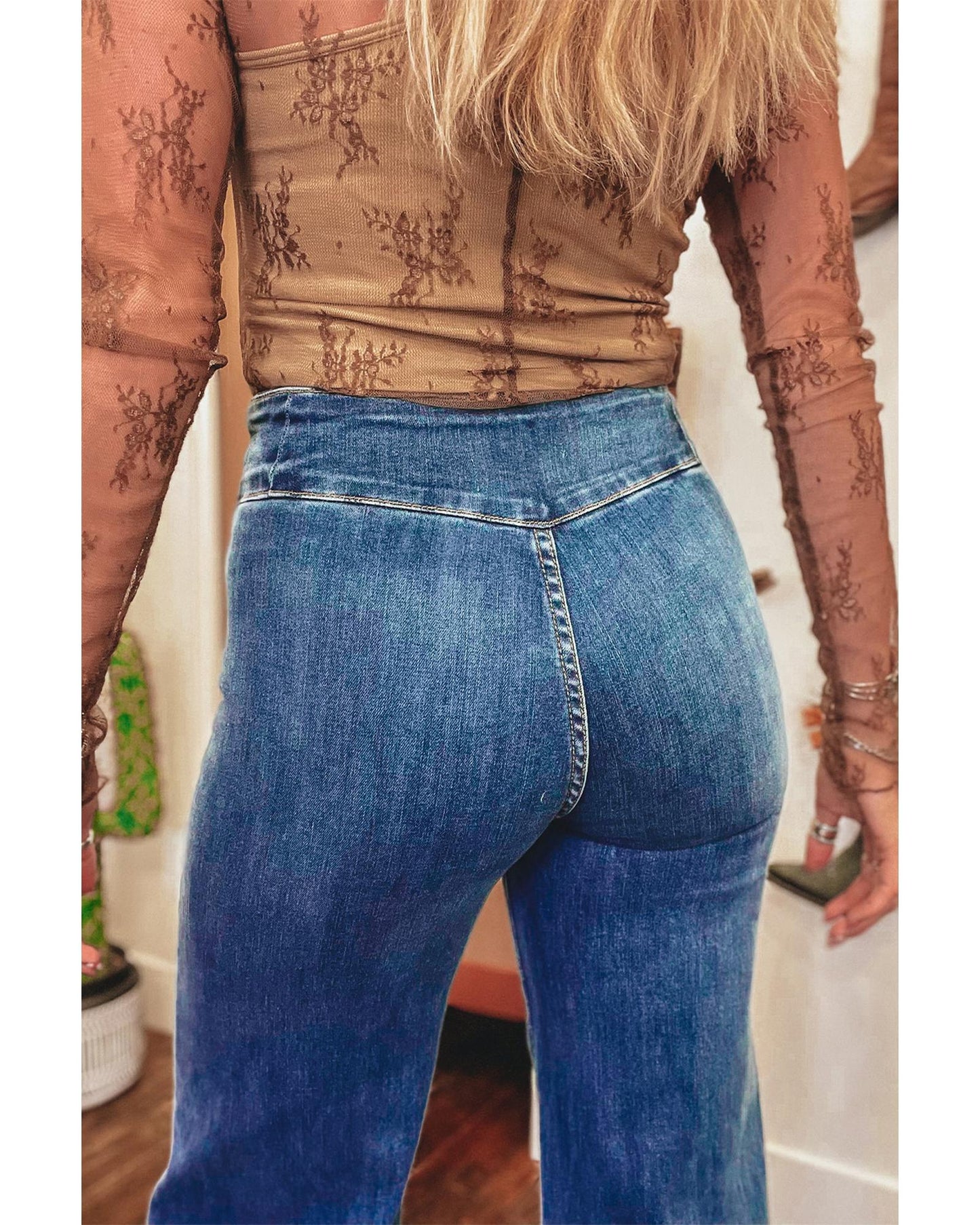 Sail Blue High Waist Button Fly Flare Jeans