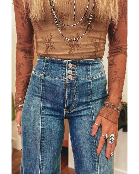 Sail Blue High Waist Button Fly Flare Jeans