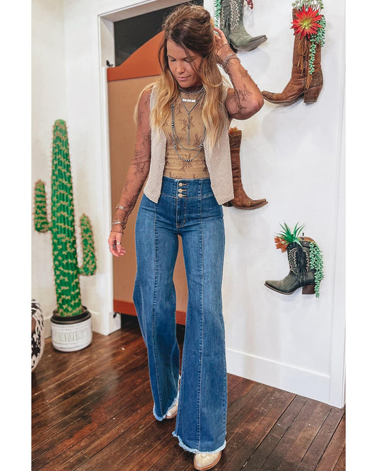 Sail Blue High Waist Button Fly Flare Jeans