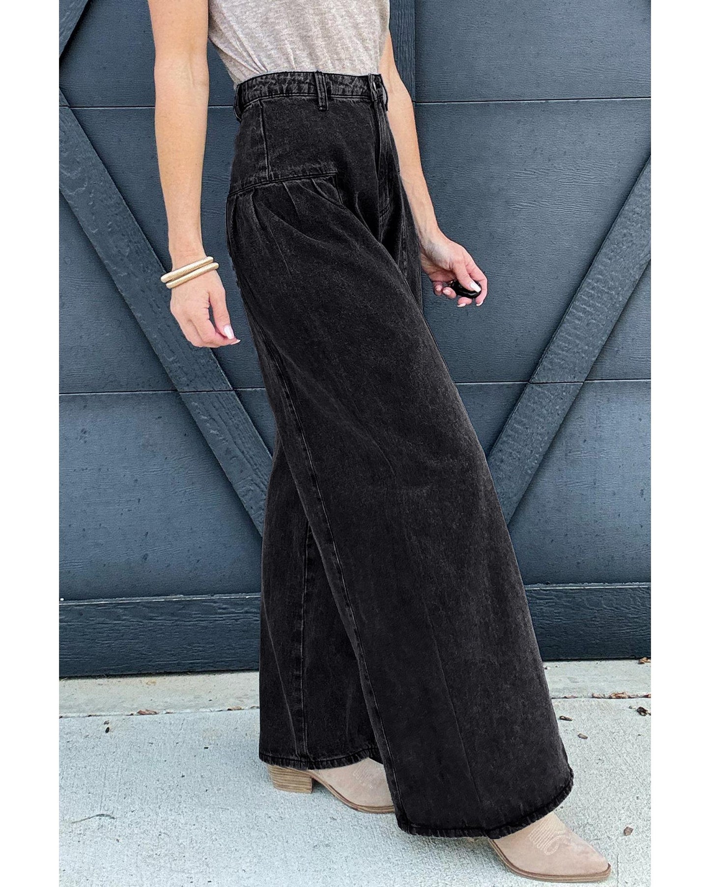 Dark Grey Pleated Wide Leg Denim