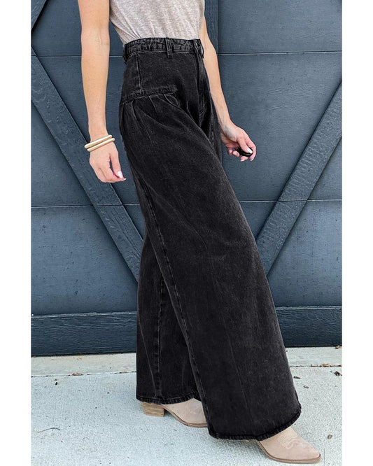 Dark Grey Pleated Wide Leg Denim