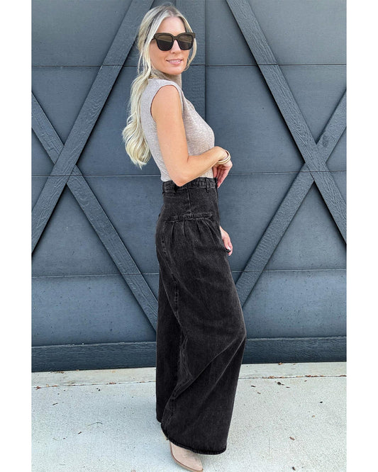 Dark Grey Pleated Wide Leg Denim
