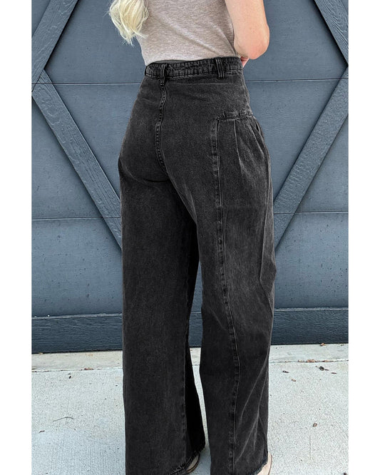 Dark Grey Pleated Wide Leg Denim