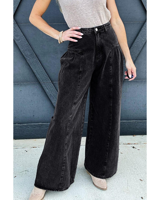 Dark Grey Pleated Wide Leg Denim