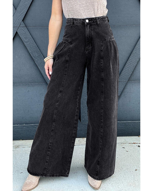 Dark Grey Pleated Wide Leg Denim
