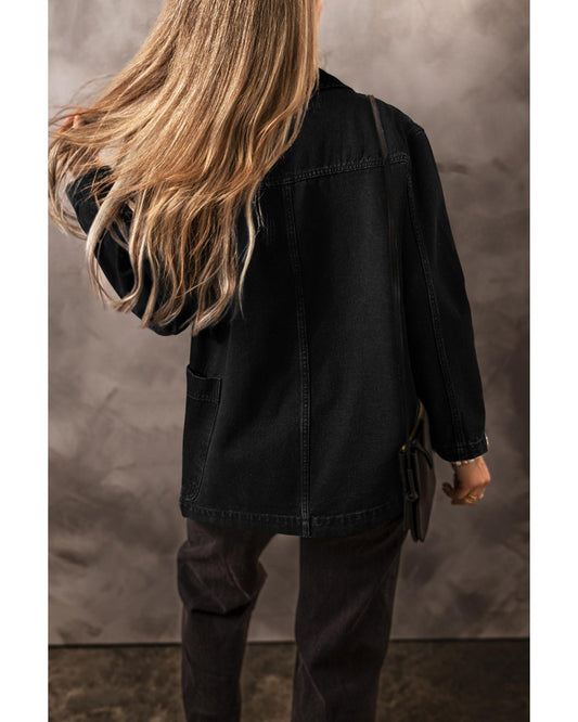 Black Side Pockets Lapel Collar Denim Jacket - 2XL
