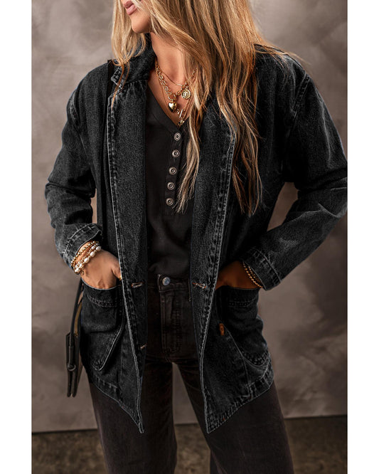 Black Side Pockets Lapel Collar Denim Jacket - 2XL