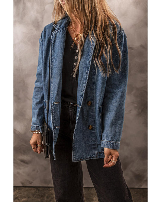Black Side Pockets Lapel Collar Denim Jacket - 2XL