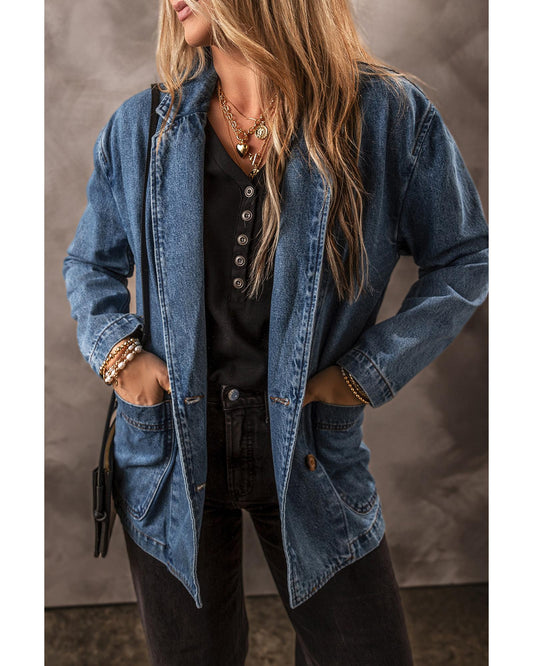 Black Side Pockets Lapel Collar Denim Jacket - 2XL