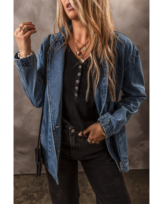 Black Side Pockets Lapel Collar Denim Jacket - 2XL