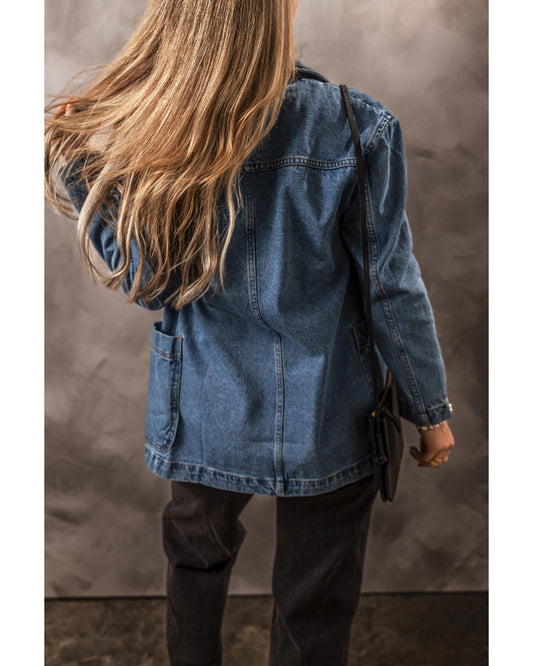 Black Side Pockets Lapel Collar Denim Jacket - 2XL
