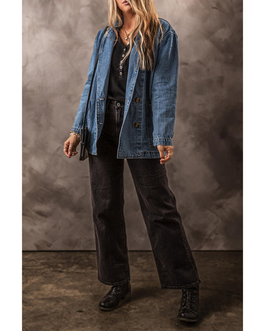 Black Side Pockets Lapel Collar Denim Jacket - 2XL