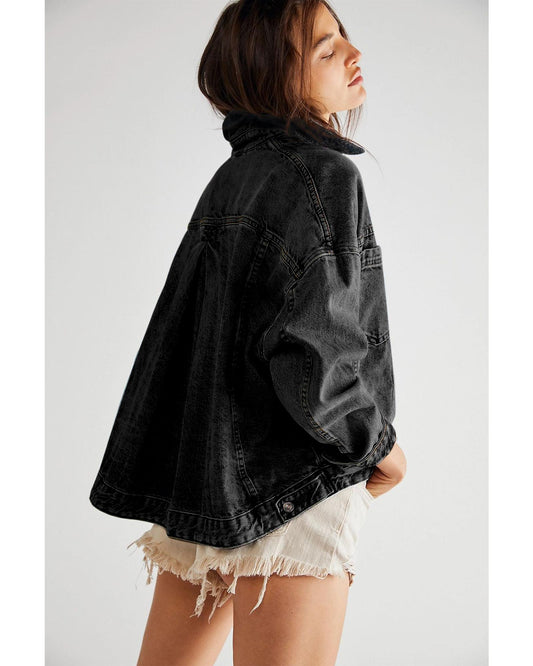 Wild Wind Washed Oversize Pocketed Denim Jacket - M