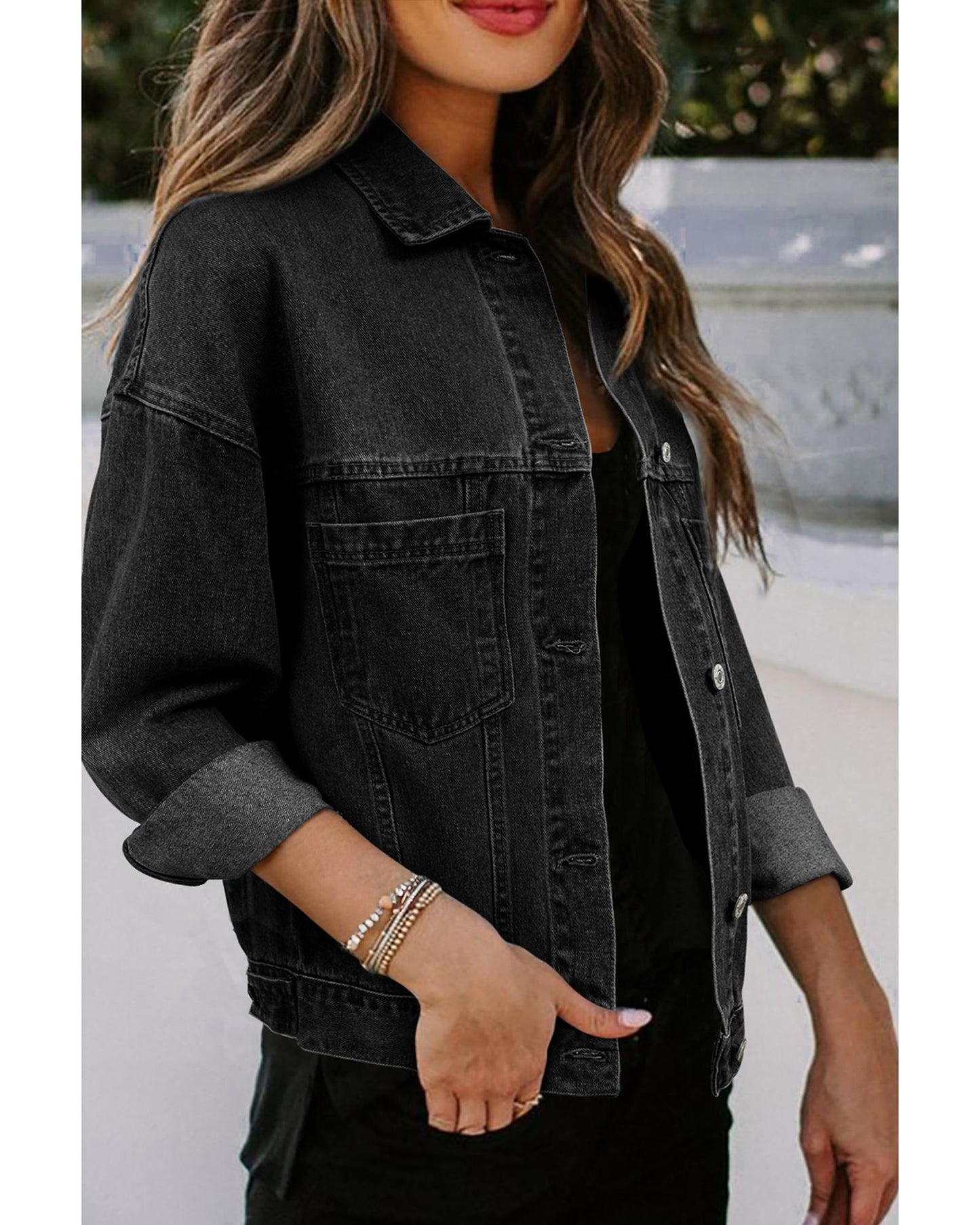 Wild Wind Washed Oversize Pocketed Denim Jacket - M