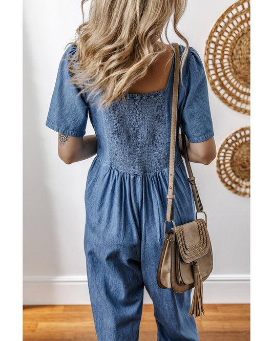 Blue Smocked-Back Denim Loose Jumpsuit