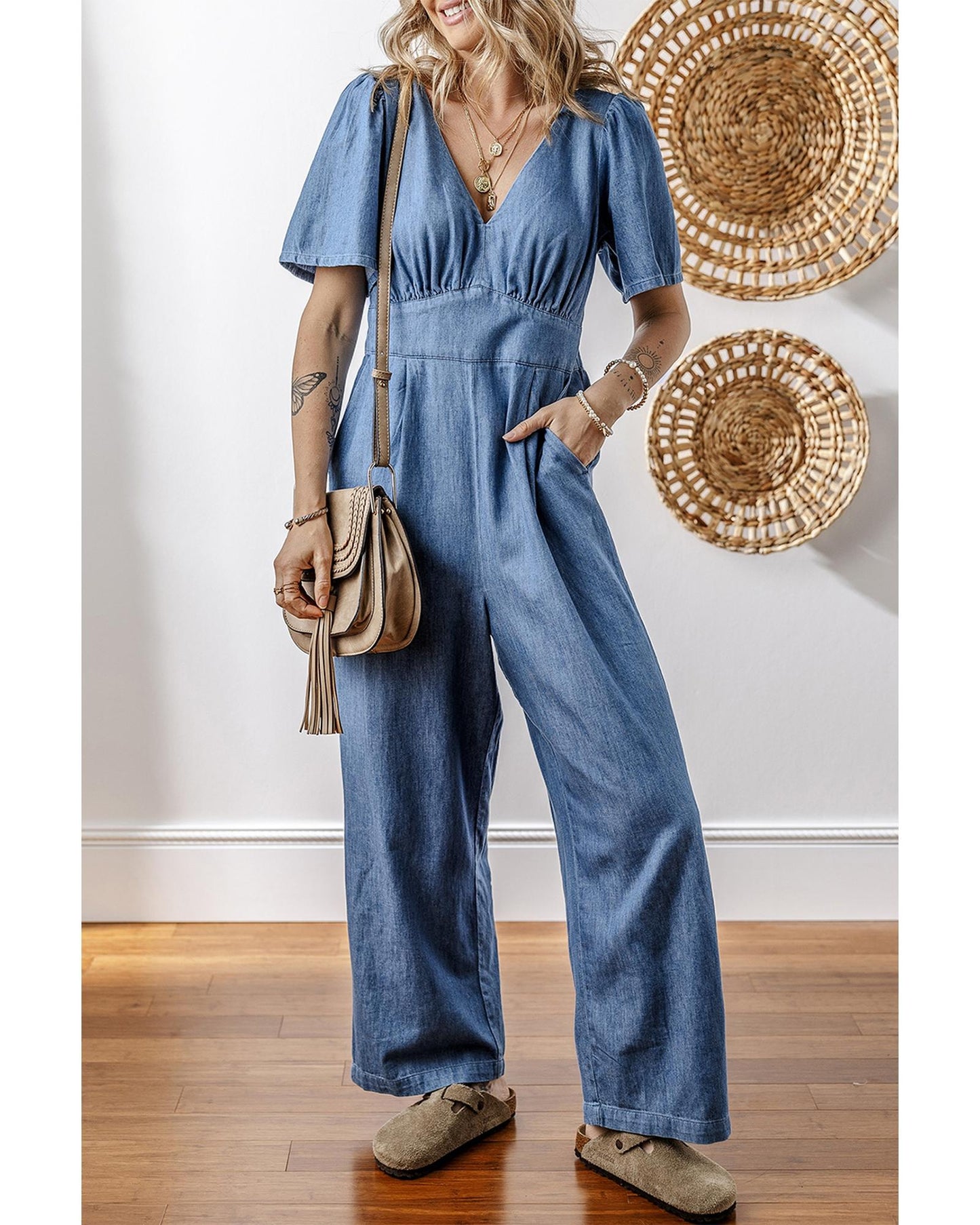 Blue Smocked-Back Denim Loose Jumpsuit