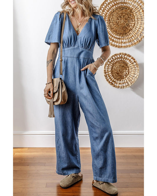 Blue Smocked-Back Denim Loose Jumpsuit