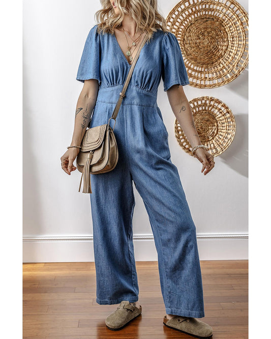 Blue Smocked-Back Denim Loose Jumpsuit