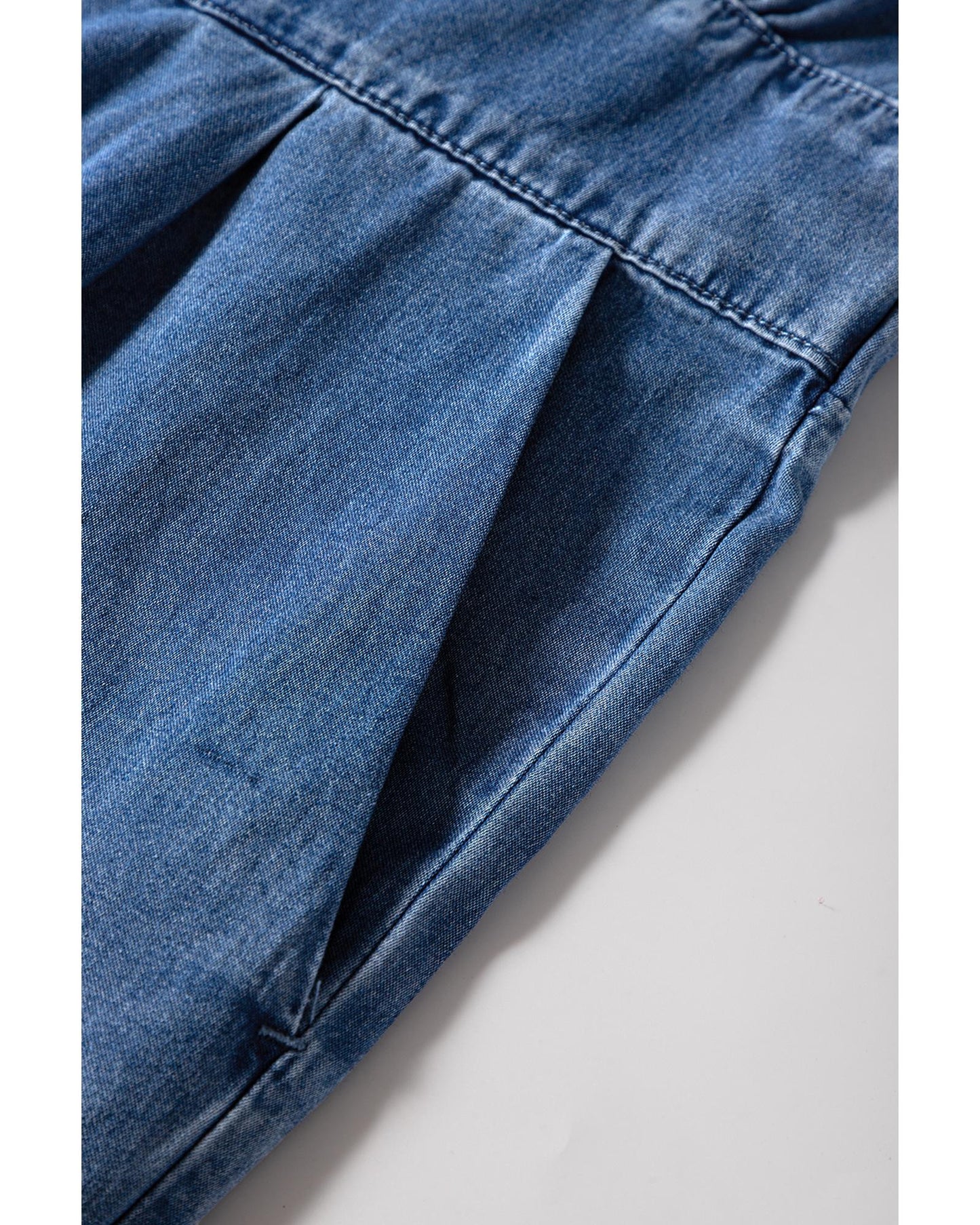 Blue Smocked-Back Denim Loose Jumpsuit
