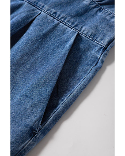 Blue Smocked-Back Denim Loose Jumpsuit