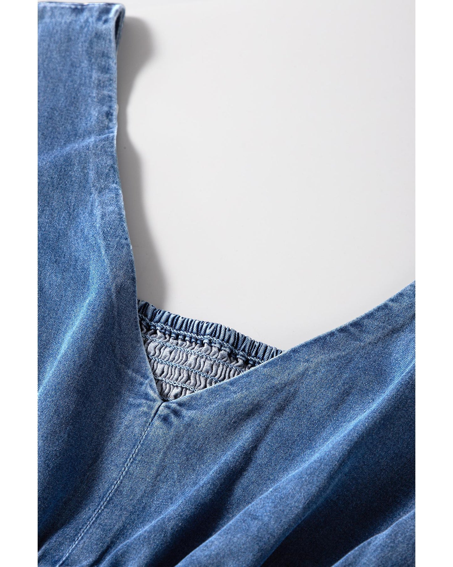 Blue Smocked-Back Denim Loose Jumpsuit
