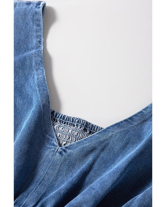 Blue Smocked-Back Denim Loose Jumpsuit