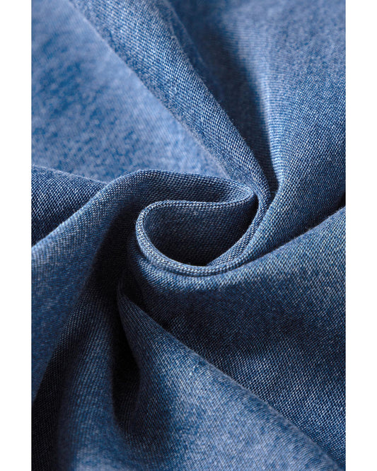 Blue Smocked-Back Denim Loose Jumpsuit