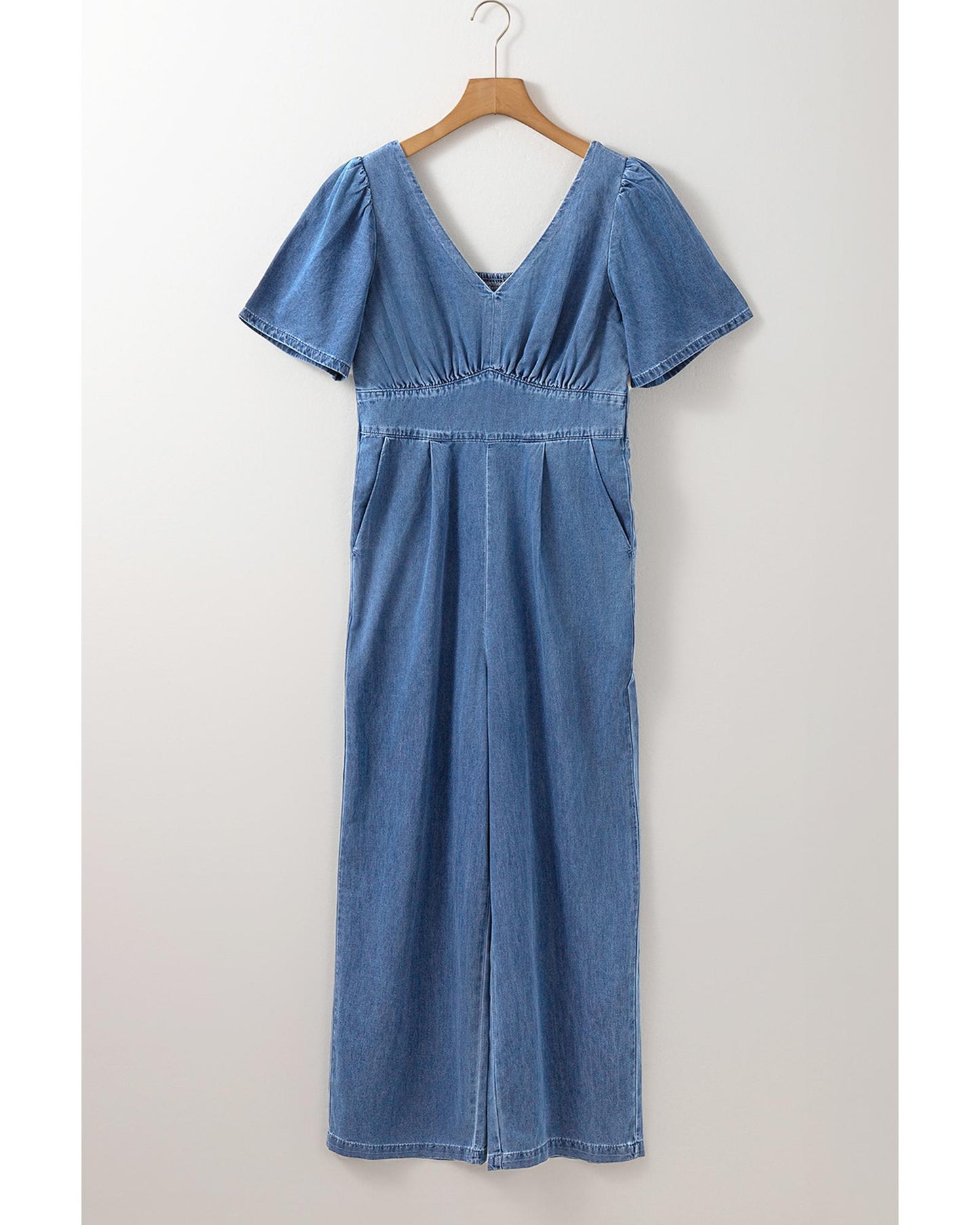 Blue Smocked-Back Denim Loose Jumpsuit