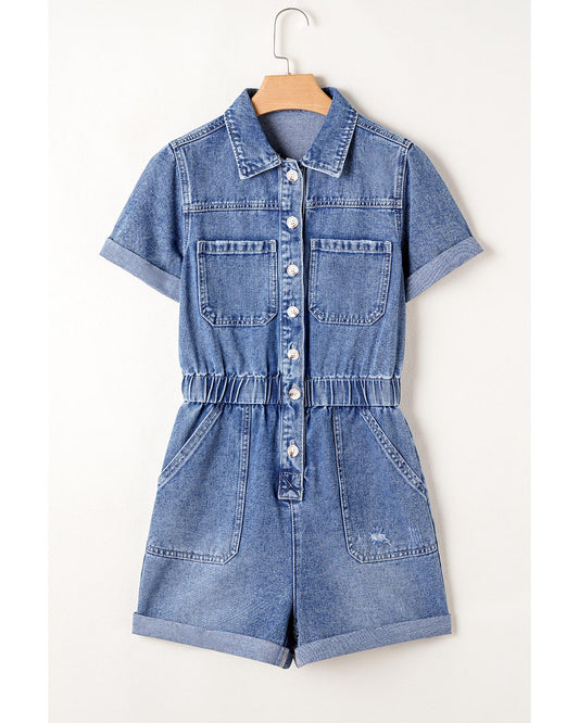 Dusk Blue Chest Pocket Front Buttoned Denim Romper