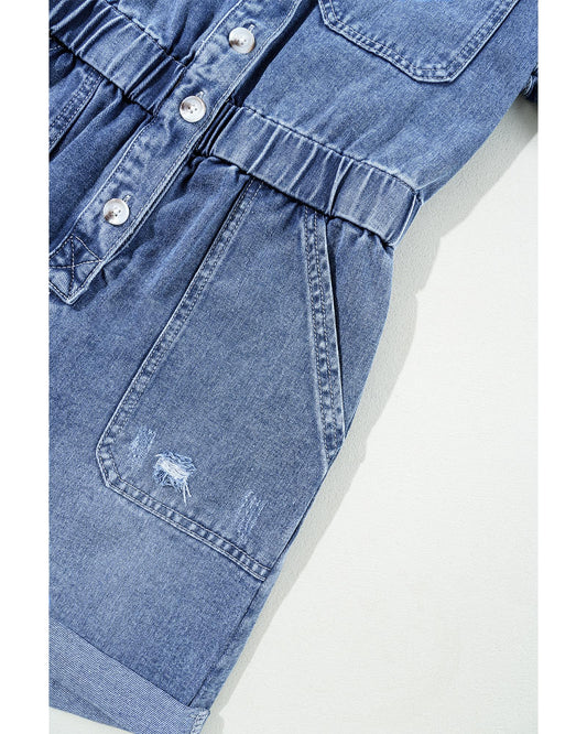 Dusk Blue Chest Pocket Front Buttoned Denim Romper