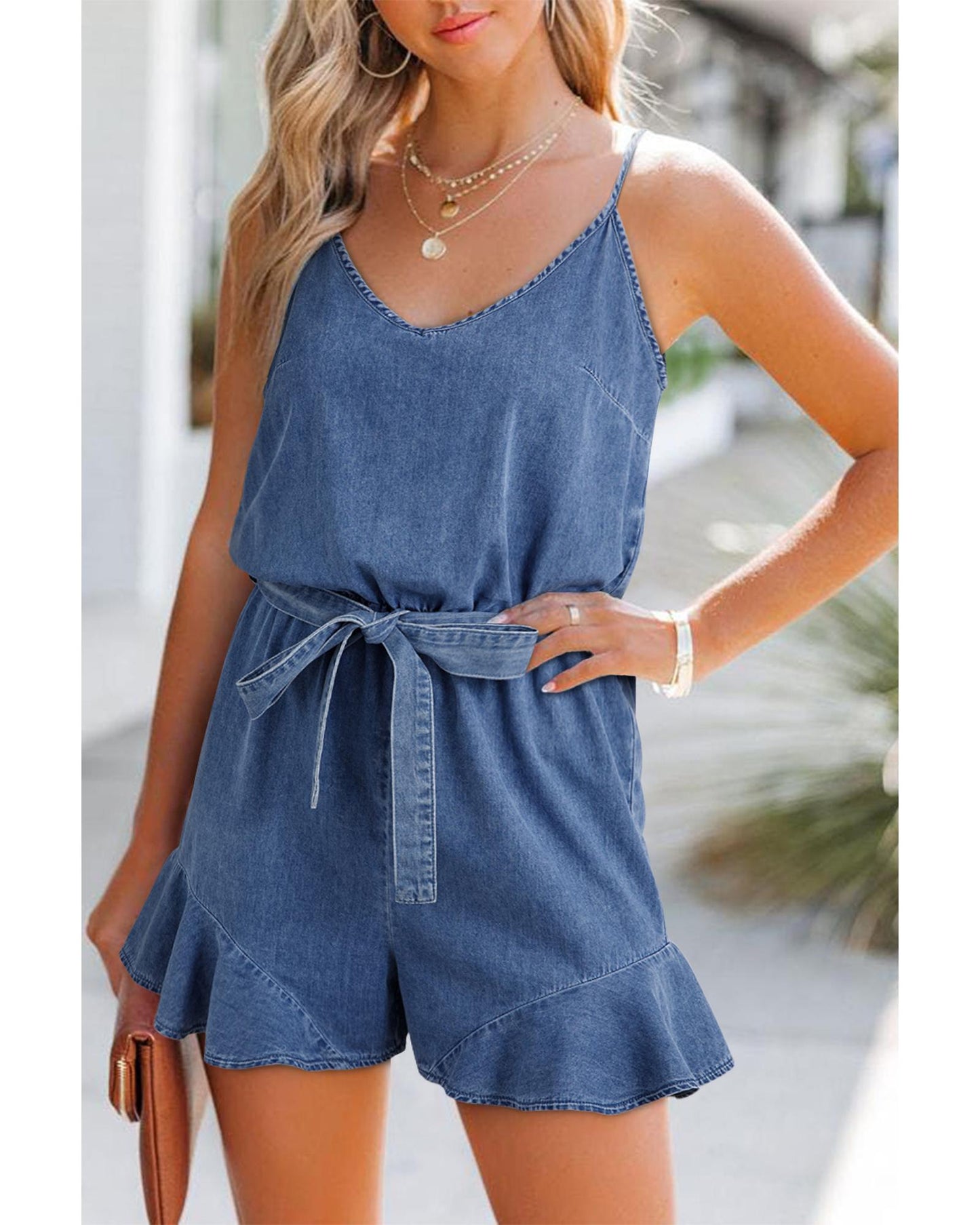 Ashleigh Blue Belted Ruffled Leg Romper