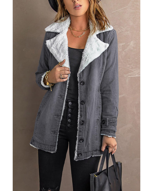 Gray Lapel Collar Button Fleece Jacket