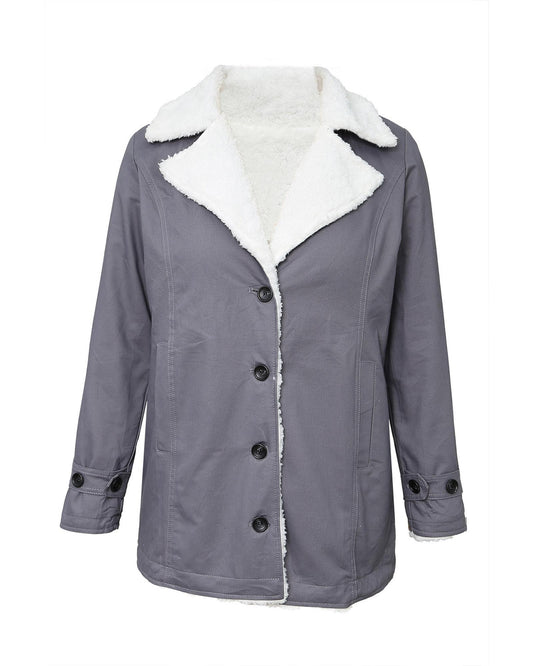 Gray Lapel Collar Button Fleece Jacket
