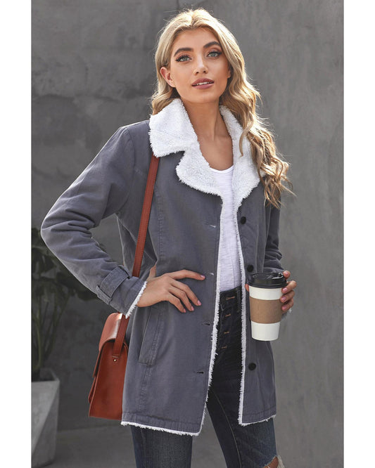 Gray Lapel Collar Button Fleece Jacket